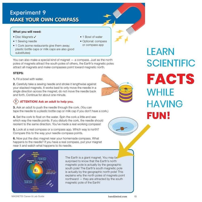 hand2mind Magnetic Science Kit for Kids 8-12, Kids Science Kit with Fact-Filled Guide, Make Magnets Float and Build a Compass, STEM Toys, 9 Science Experiments - Image 4